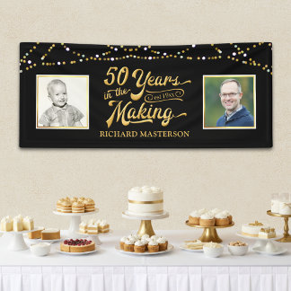 50th Birthday | Then & Now Photos | Black and Gold Banner