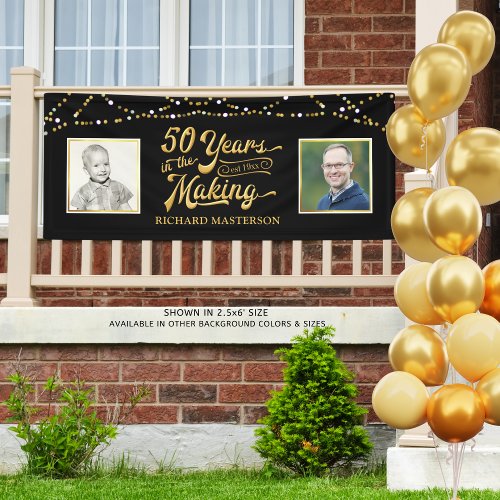 50th Birthday  Then  Now Photos  Black and Gold Banner