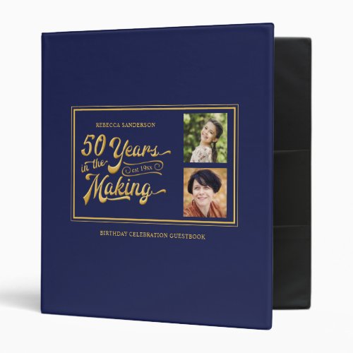 50th Birthday Then  Now Photos Navy Guestbook 3 Ring Binder