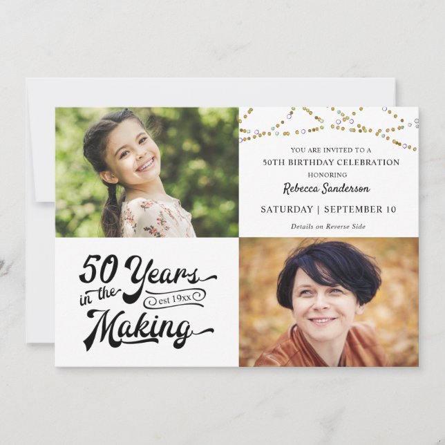 50th Birthday Then & Now Photos String Lights Invi Invitation (Front)