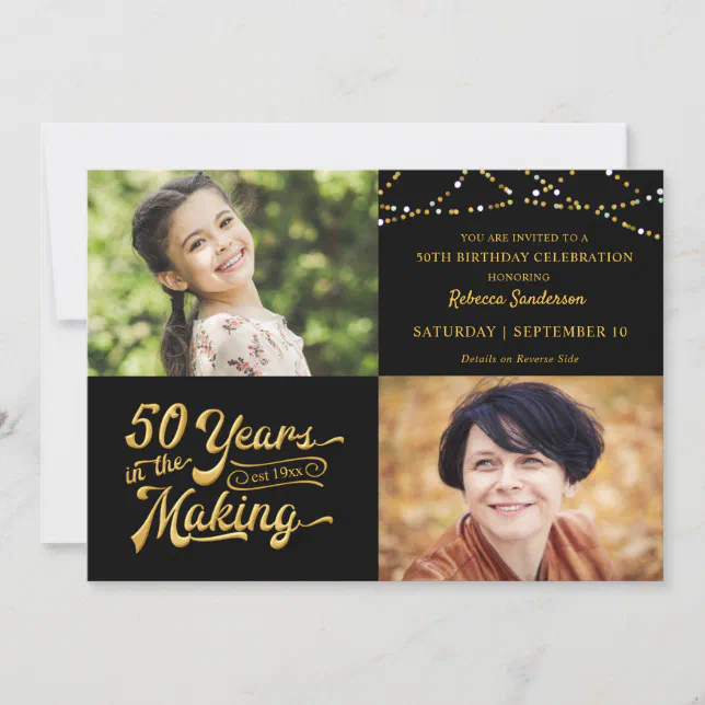 50th Birthday Then & Now Photos String Lights Invitation | Zazzle