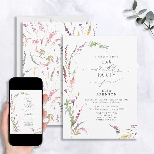 50th Birthday Trendy Elegant Wildflower Floral  Invitation