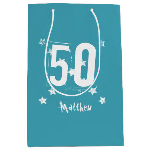 50th Birthday Trendy Grunge Letters Stars Z05 Teal Medium Gift Bag