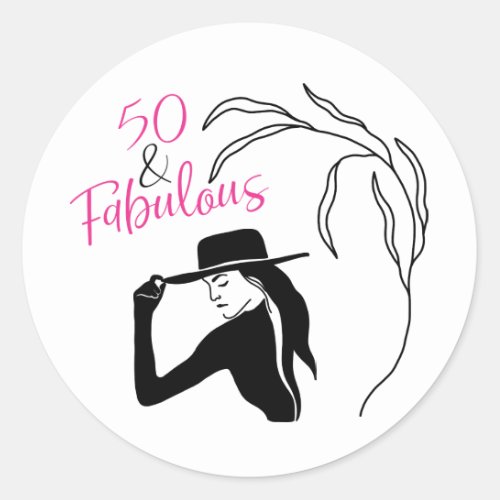 50th Birthday Trendy Woman Pink Black Typography Classic Round Sticker