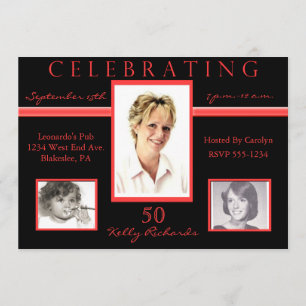 50th Birthday Tri Photo Invitations Black & Red