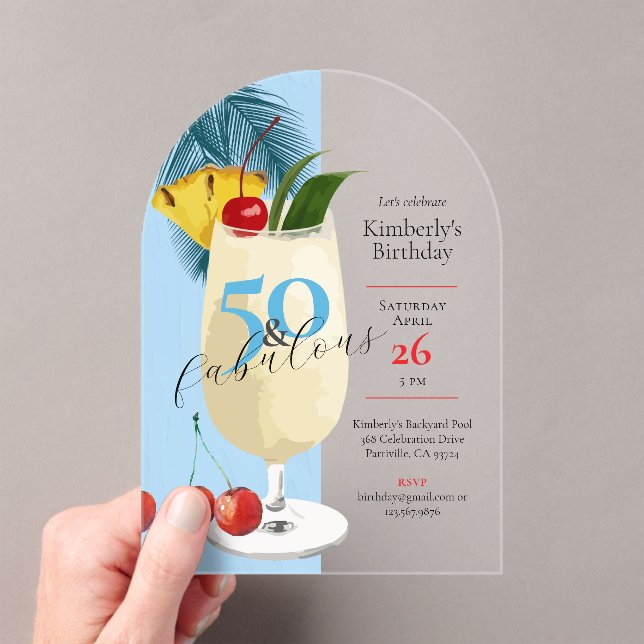 50th Birthday Tropical Blue Pina Colada Party Acrylic Invitations (Insitu (Handheld))