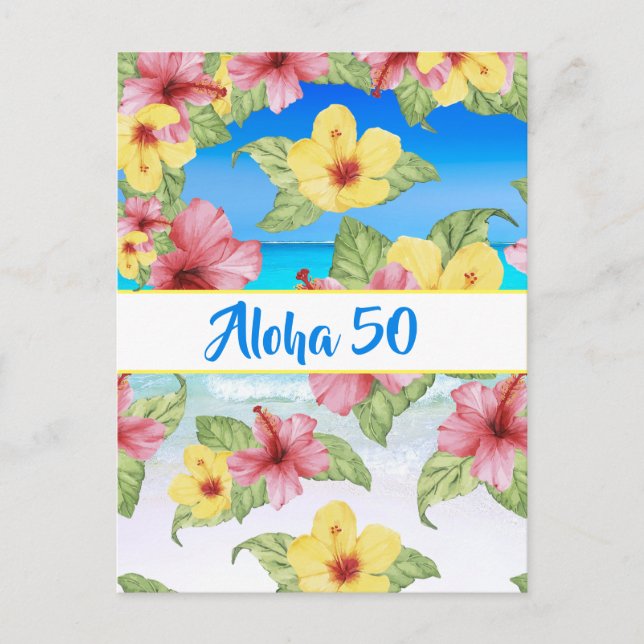 50th Birthday Tropical Flower Aloha 50 Invitation Postcard (Front)