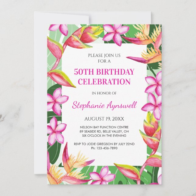 50th Birthday Tropical Flowers Leaves Hawaiian Invitation (Front)