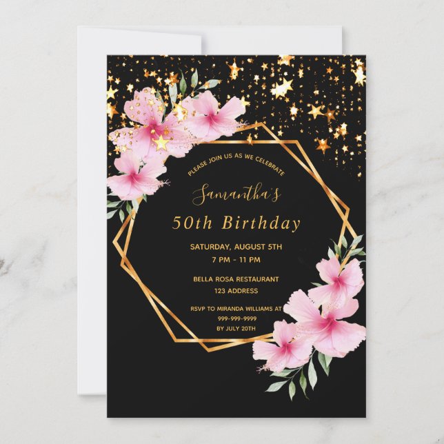 50th birthday tropical geometric black gold stars invitation (Front)