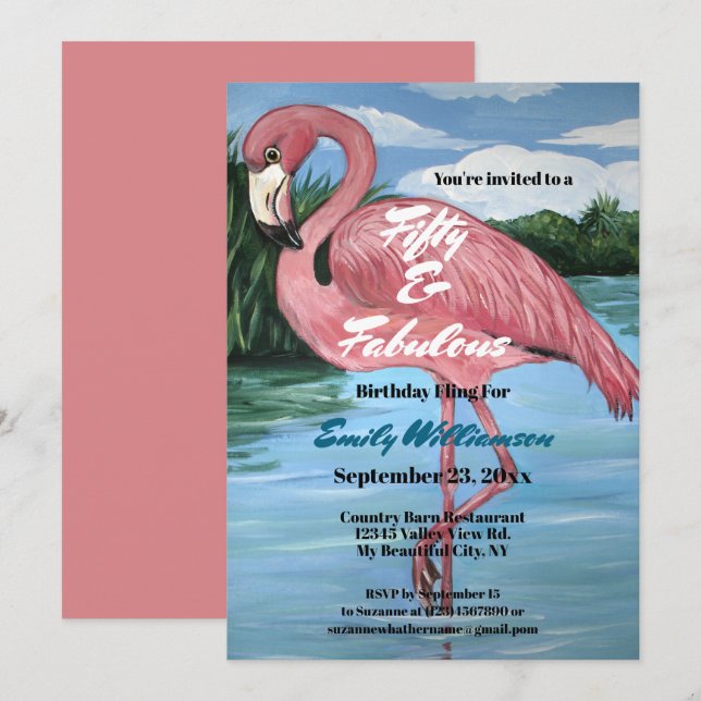50th Birthday Tropical Pink Flamingo Invitation  (Front/Back)