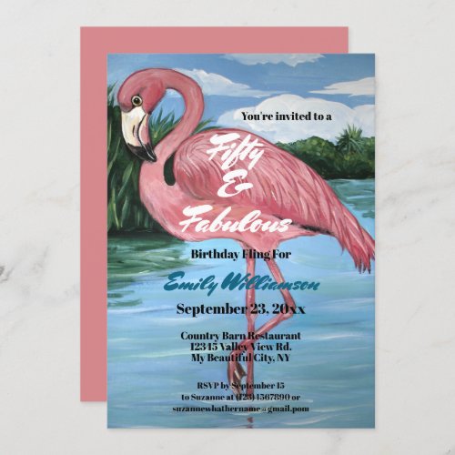 50th Birthday Tropical Pink Flamingo Invitation 
