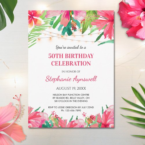 50th Birthday Tropical String Lights Hawaiian Invitation