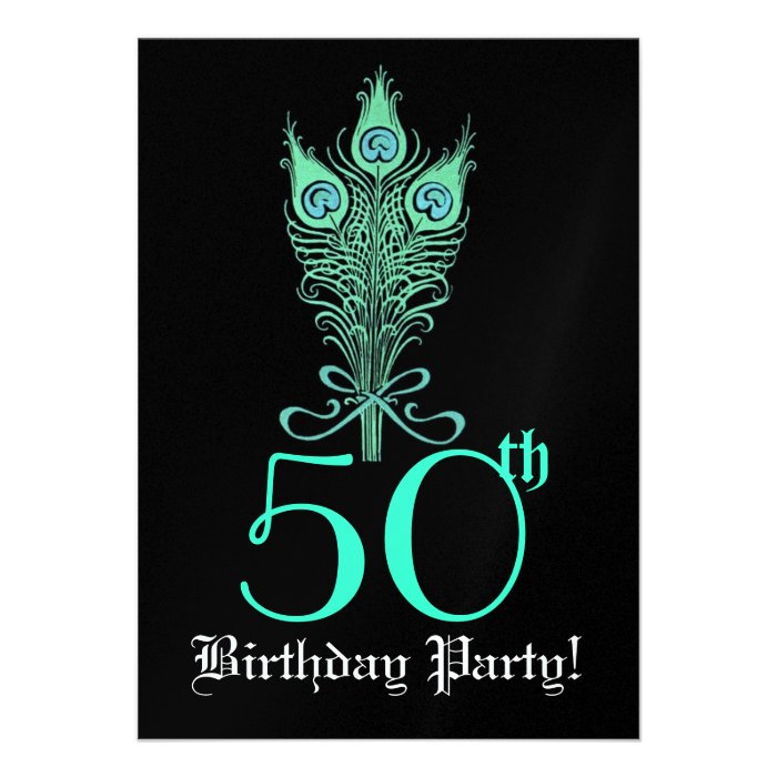 50th Birthday Turquoise Peacock Feathers Template Invites