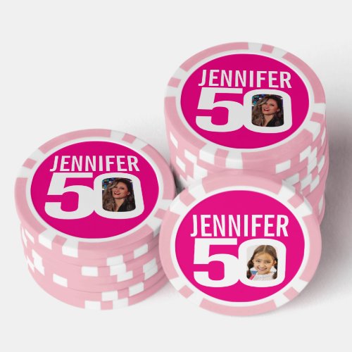50th birthday two custom photos pink and white poker chips