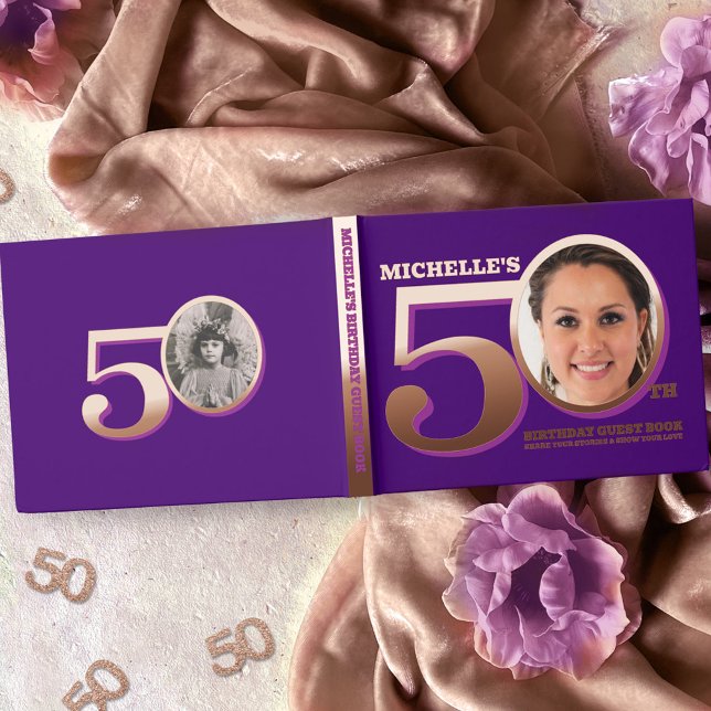 50th birthday two photos purple rose gold foil guest book  (Creator Uploaded)