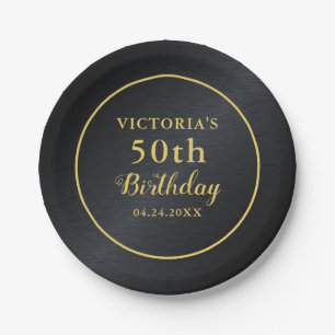 50th Birthday Typography Black and Gold Paper Plates