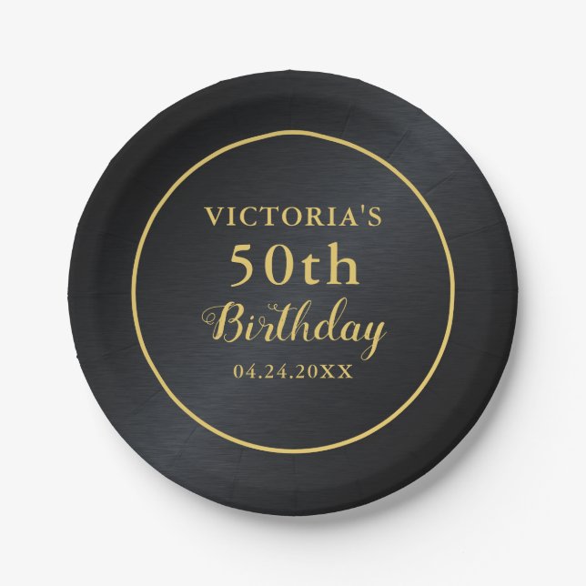 50th Birthday Typography Black and Gold Paper Plates (Front)