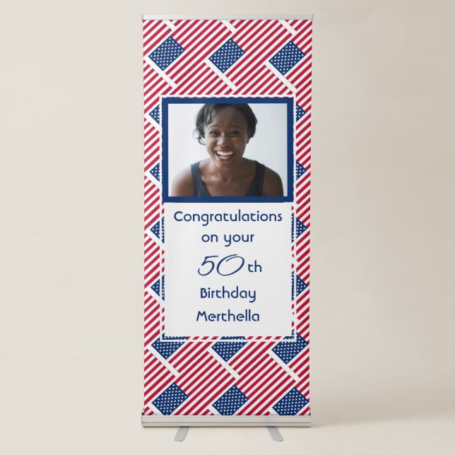 50th Birthday USA AMERICAN FLAG Custom Photo Retractable Banner (Front)