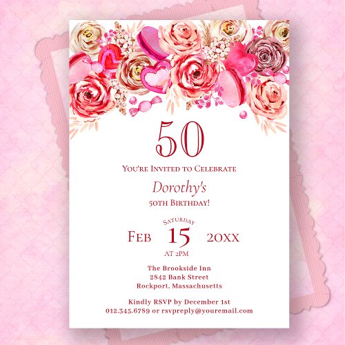 50th Birthday Valentine Pink Rose Swirly Heart Invitation