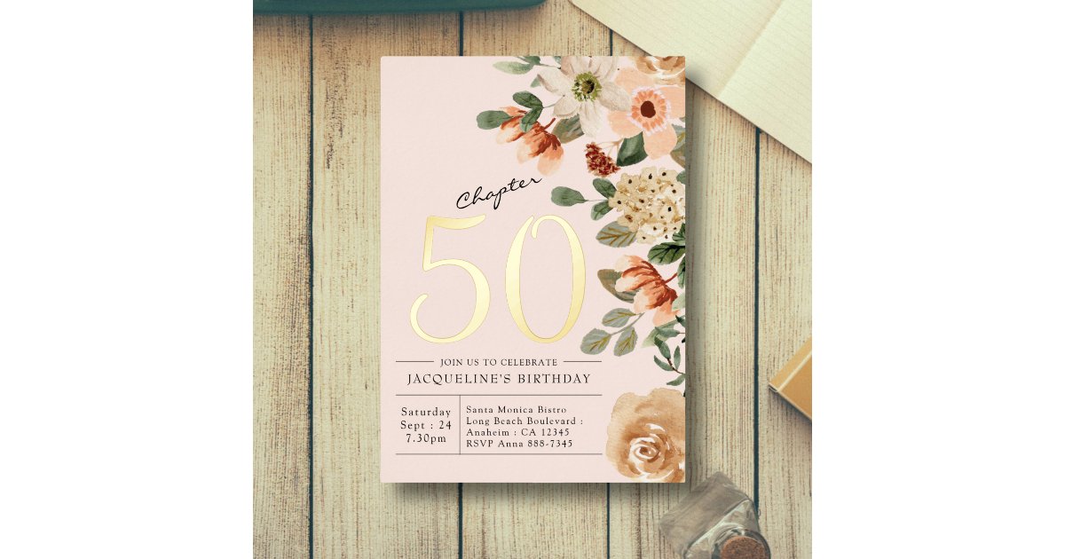 50th Birthday Vintage Floral Peach Chapter 50 Foil Invitation | Zazzle
