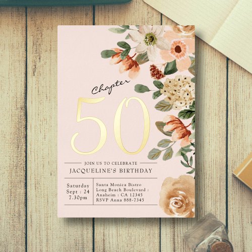 50th Birthday Vintage Floral Peach Chapter 50 Foil Invitation