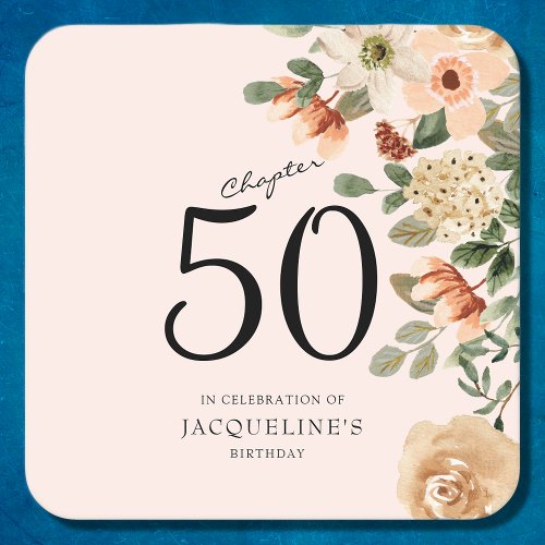 50th Birthday Vintage Floral Square Paper Coaster