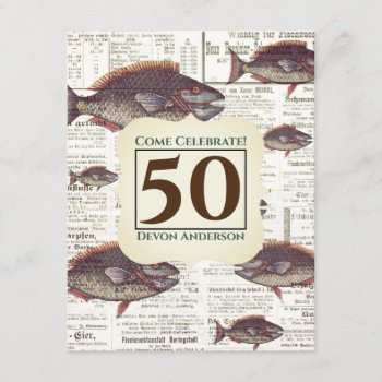 50th Birthday Vintage German Newspaper Fish Invitation by RiverJude at Zazzle