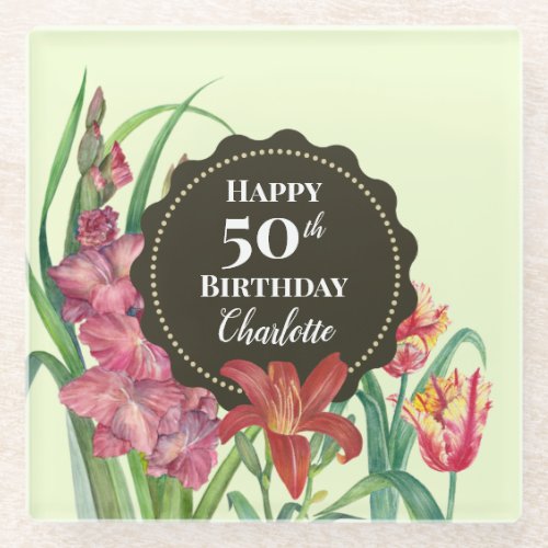 50th Birthday Warm Floral Spring Blooms Painting Glass Coaster