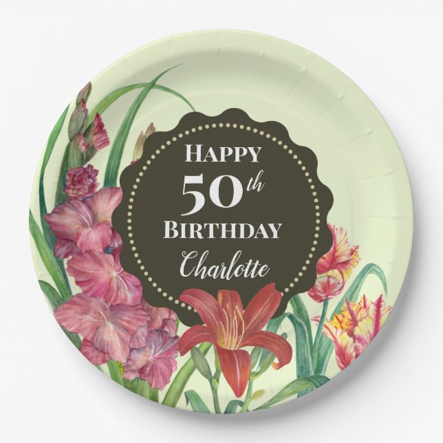 50th Birthday Warm Floral Spring Blooms Painting Paper Plates (Front)
