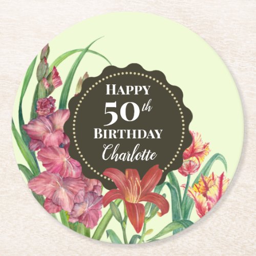 50th Birthday Warm Floral Spring Blooms Painting Round Paper Coaster