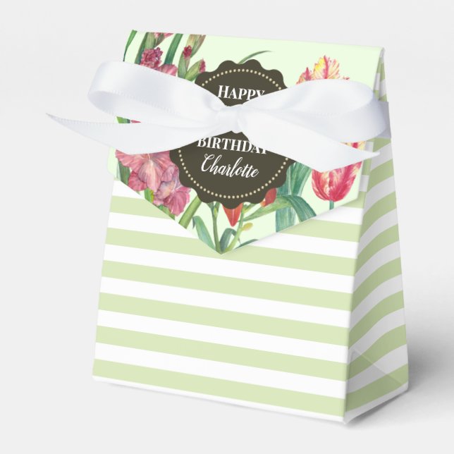 50th Birthday Warm Floral Spring Blooms Stripes Favor Boxes (Front Side)
