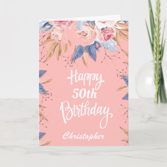 50th Birthday Watercolor Botanical Pink Floral Card (Front)