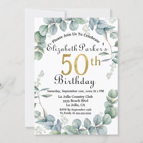 50th Birthday Watercolor Eucalyptus Gold Faux Foil Invitation