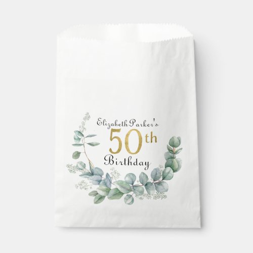 50th Birthday Watercolor Eucalyptus Gold  Favor Bag