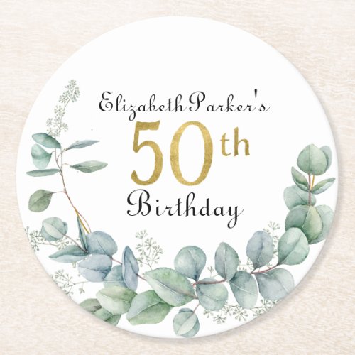 50th Birthday Watercolor Eucalyptus Gold  Round Paper Coaster