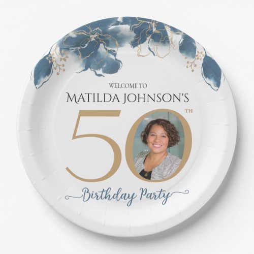 50th Birthday Watercolor Floral Blue Gold Photo Paper Plates