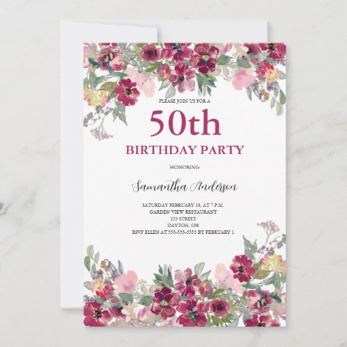 50th Birthday Watercolor Floral  Invitation