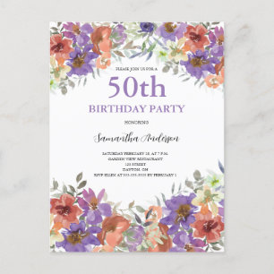 50th Birthday Watercolor Floral Invitation Postcard