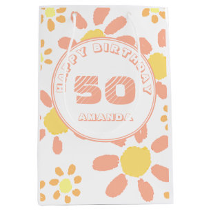50th Birthday Watercolor Flower Floral Pattern Medium Gift Bag