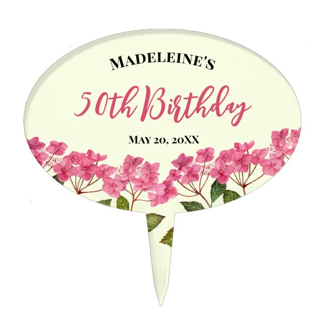 50th Birthday Watercolor Pink Hydrangea Lacecaps Cake Topper (Front)