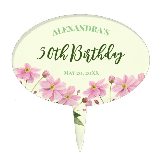 50th Birthday Watercolor Pink Japanese Anemone Cake Topper (Front)