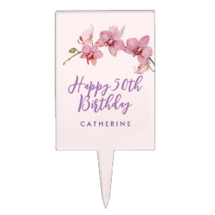 50th Birthday Watercolor Pink Moth Orchids Cake Topper