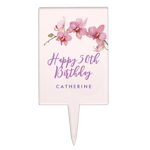 50th Birthday Watercolor Pink Moth Orchids Cake Topper