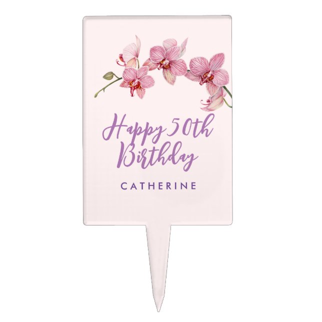 50th Birthday Watercolor Pink Moth Orchids Cake Topper (Front)