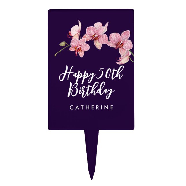 50th Birthday Watercolor Pink Moth Orchids Cake Topper (Front)