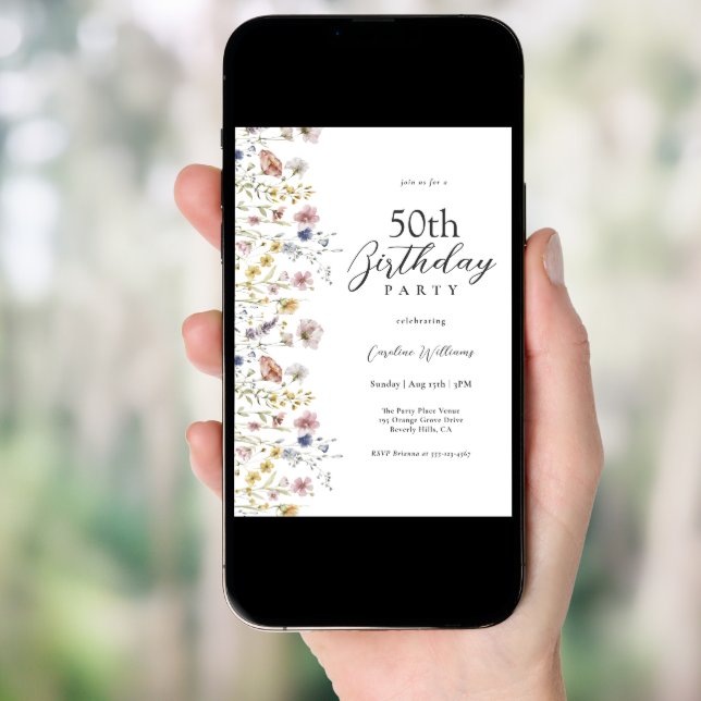 50th Birthday Watercolor Wildflowers Floral  Invitation (Front Digital)