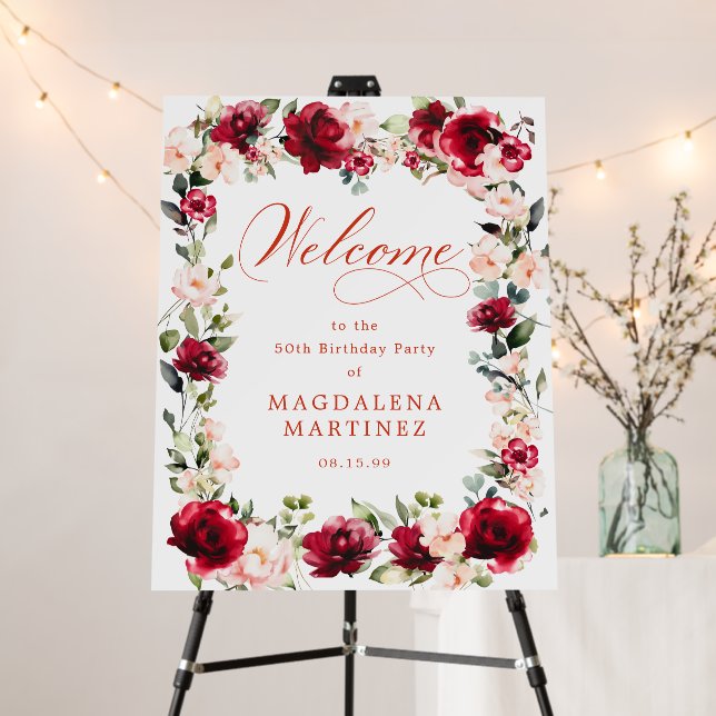 50th Birthday Welcome Red Rose Pink Peony   Foam Board (In Situ (Stand))