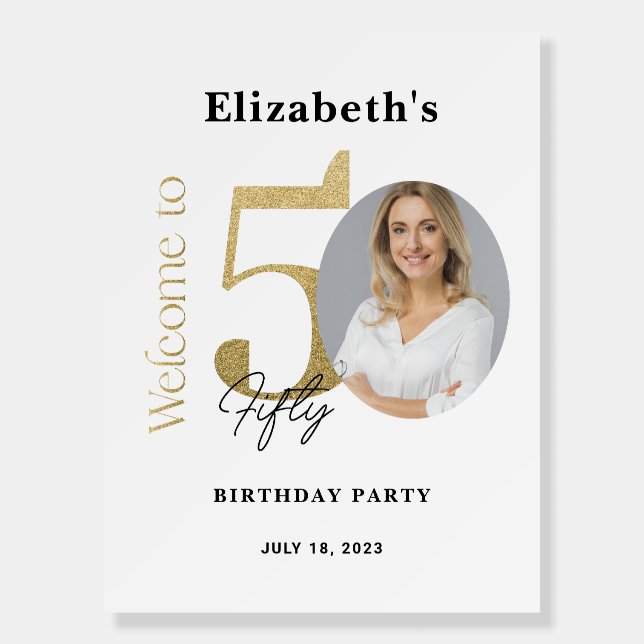 50th Birthday Welcome Sign White Gold (Front)