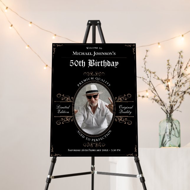 50th Birthday Whiskey Black Gold Elegant Welcome Foam Board (In Situ (Stand))