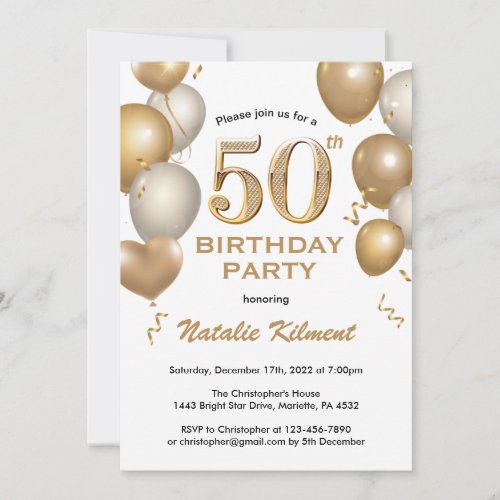 50th Birthday White and Gold Glitter Balloons Invitation